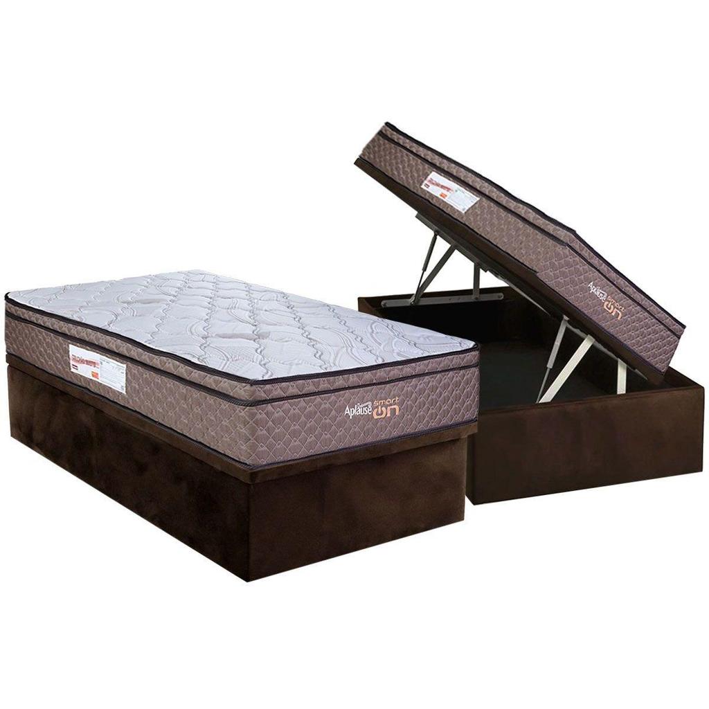 Cama Box Baú Solteiro: Colchão Magnético Paropas c/ Vibro Massagem Aplause Smart Brown + Base CRC Suede Brown (88x188)