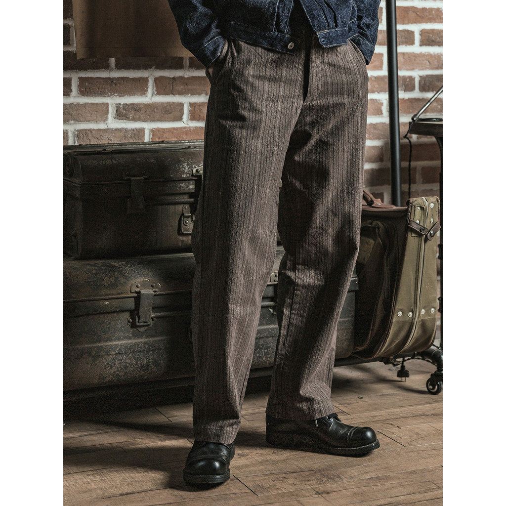 Bad Dog BRONSON LOT920 Old Age Retro Listrado Calças de Trabalho Masculinas Soltas Terno Ocidental Calças Cáqui