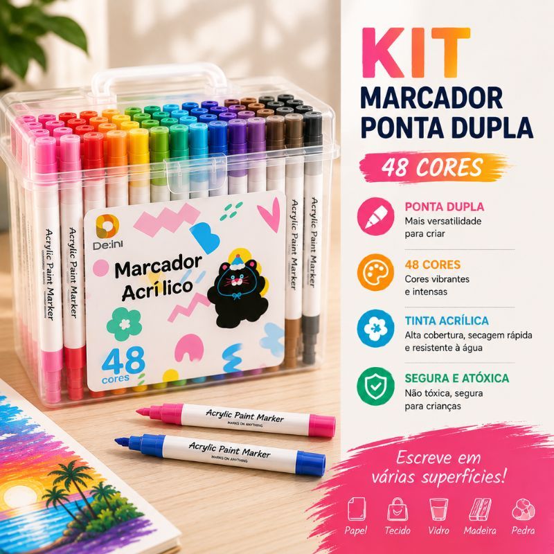 Kit Caneta Acrílica Dupla Ponta Multicor para Lettering Bullet Journal Desenho Artesanato Pintura