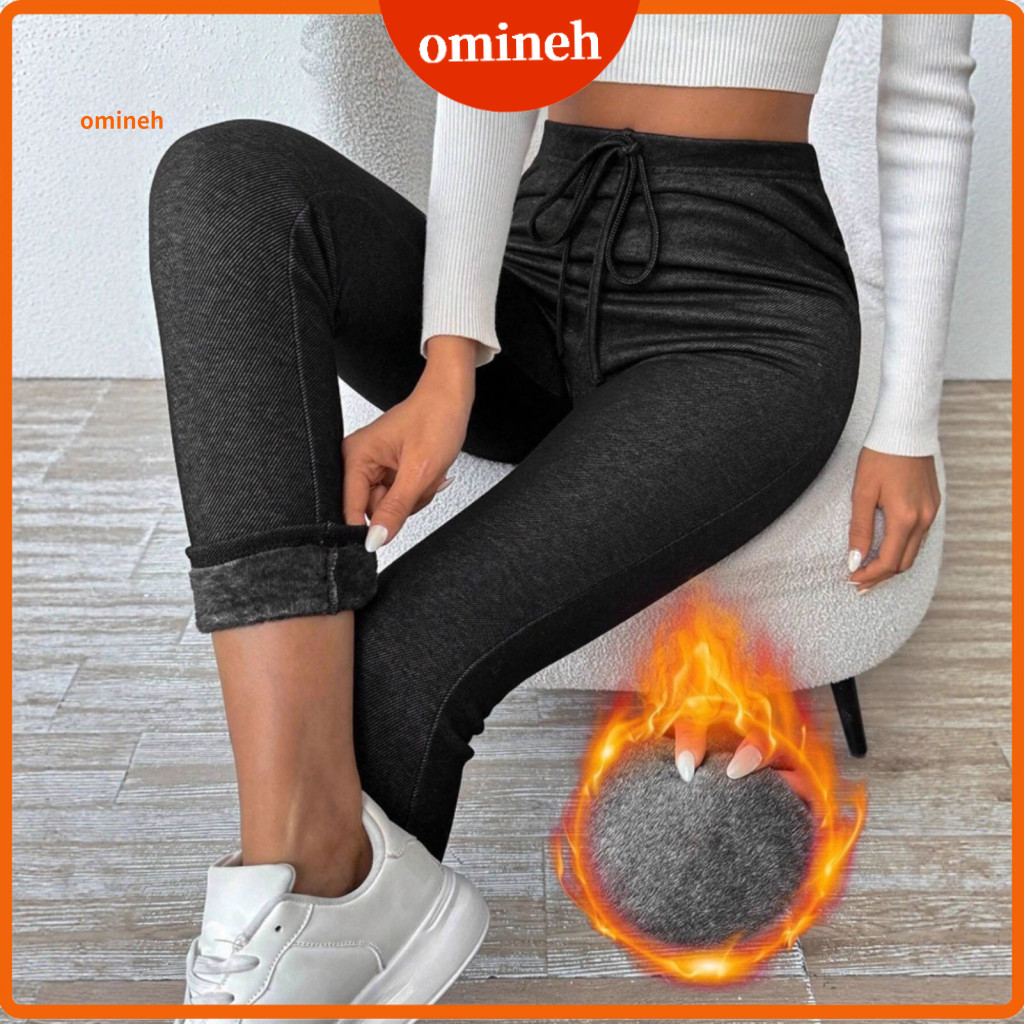 Women Leggings Tight-fitting Pants Women’s High Waist Thickened Velvet Lined Warm Pencil Imitation Jeans with Pockets