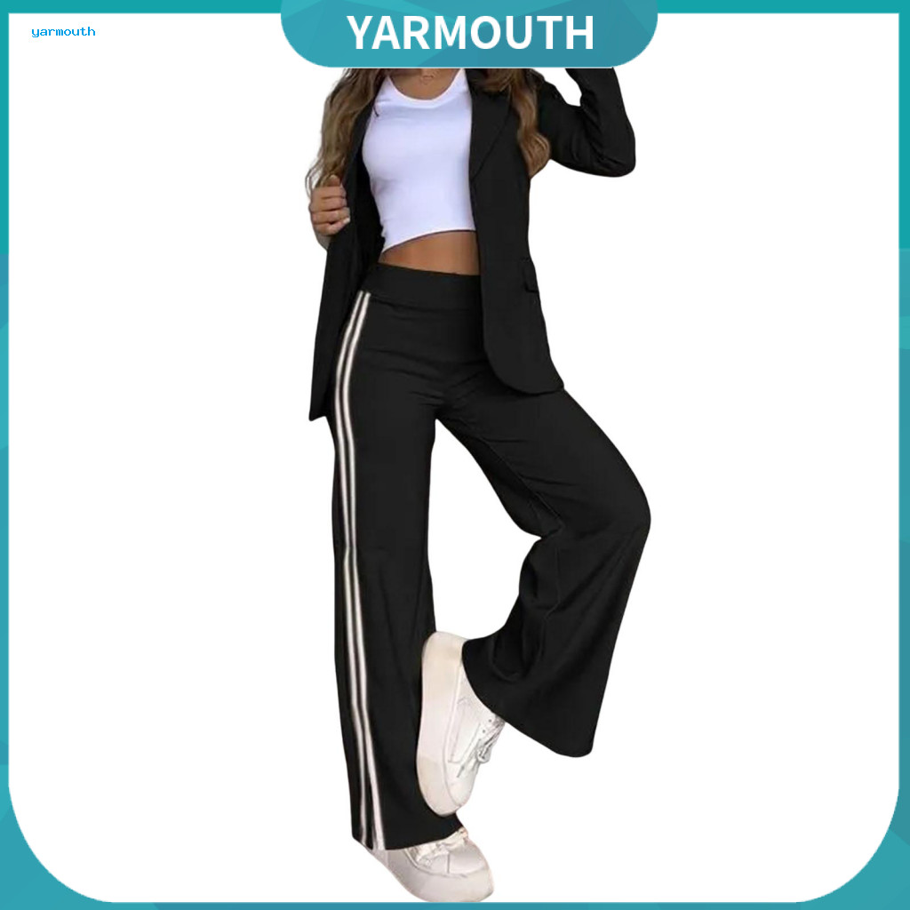 Women Shirt Pants Set Coat 2 Pcs Formal and Turn-down Collar Jacket with Long Sleeves Loose Striped Wide Leg Trousers We