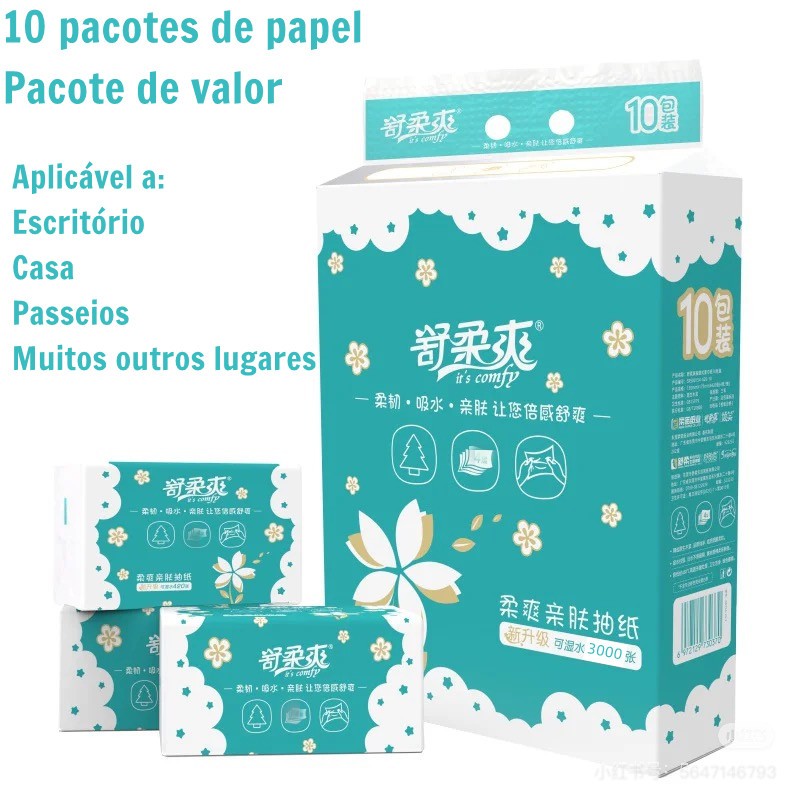 10 pacotes de papel higiênico de três camadas para casa, escritório e viagens