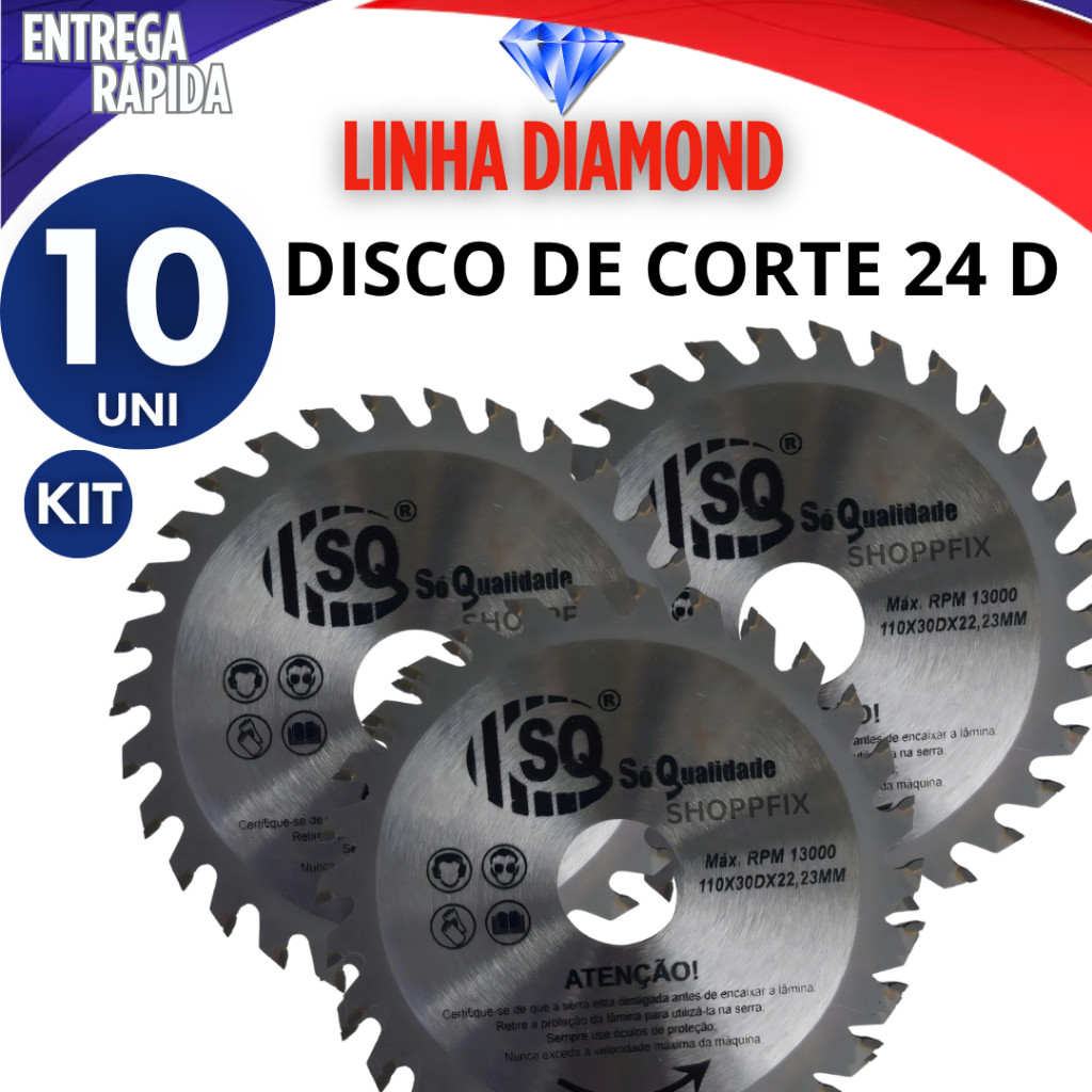 JOGO 10 DISCOS DE CORTE DE MADEIRA 24 DENTES