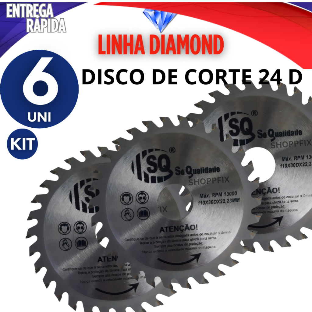 COMBO 6 DISCOS DE CORTE MADEIRA 24 DENTES PEDREIRO MARCENEIRO CONSTRUTOR