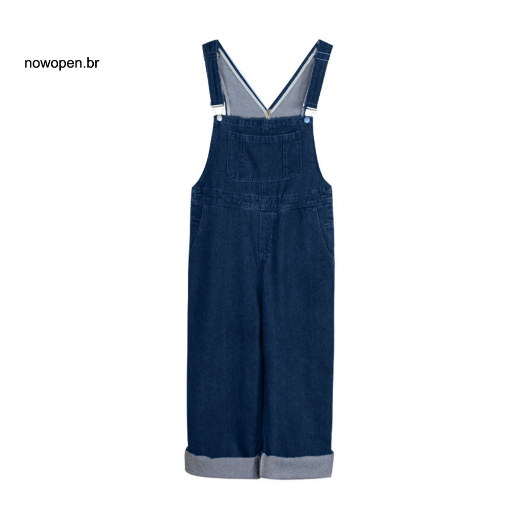 Women Cotton Blend Jumpsuit Versatile Square Collar Women’s Denim Bib Overalls Wide Leg Baggy Jeans with Adjustable St