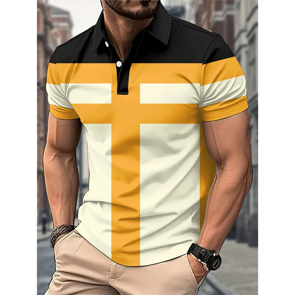 Camisa Polo Masculina De Manga Curta Color Block Geométrico Square Print Turn-Down Collar Button Carcela Casual Business
