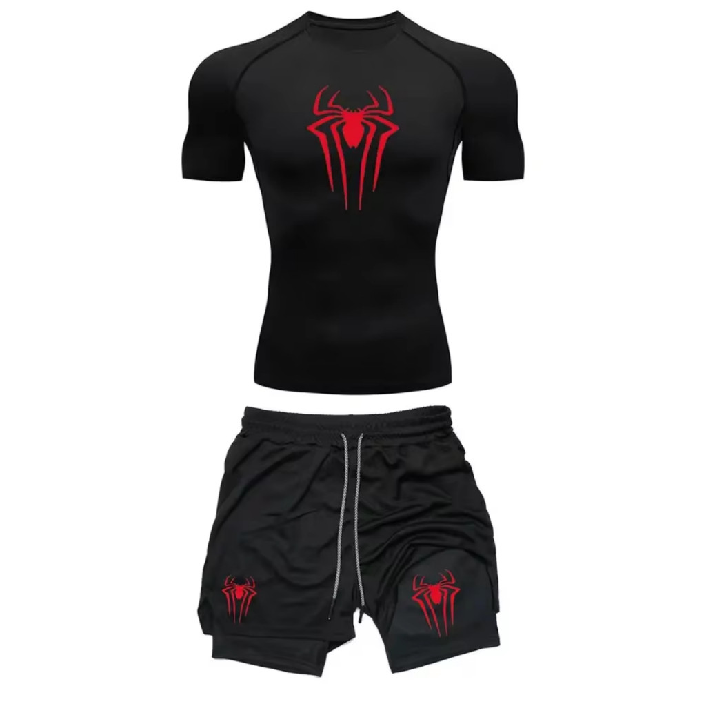 Kit Treino Academia Camiseta E Short Fitness Simbolo Aranha Gym Body Build