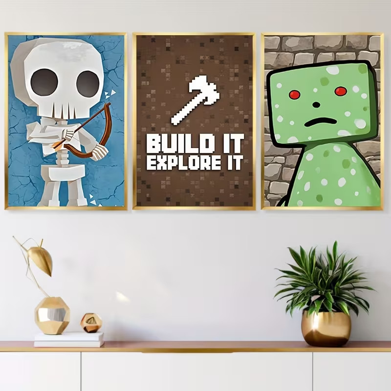 Quadro Decorativo Trio Minecraft - Build It Explore It