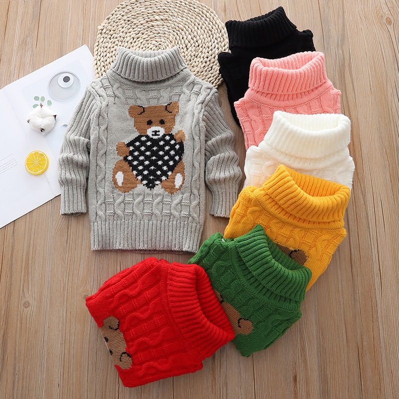 Suéter Infantil De Outono E Inverno , Meninos , Meninas , Urso De Desenho Animado , Gola Alta , Elástico De Malha Quente