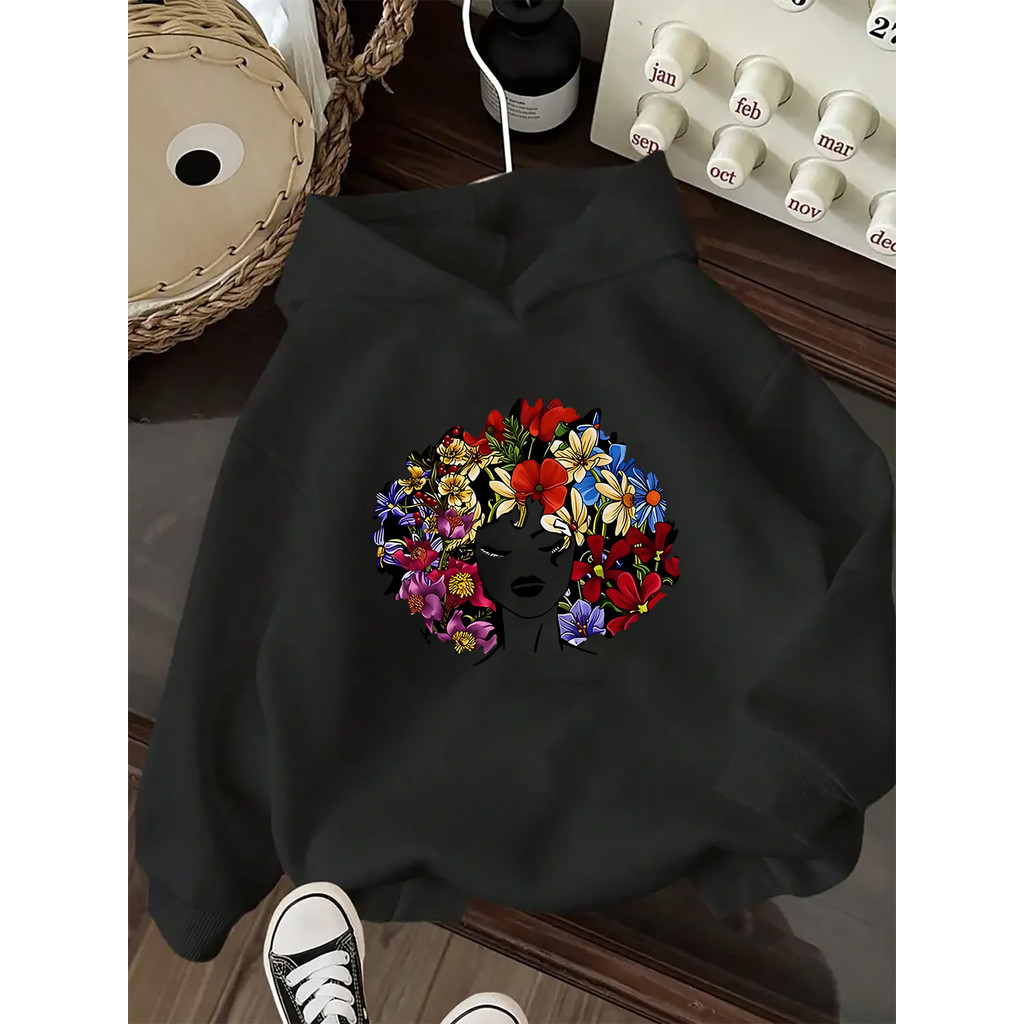 Moletom com capuz para meninas com estampado floral e de desenhos animados - Blusa confortável e elástico para o