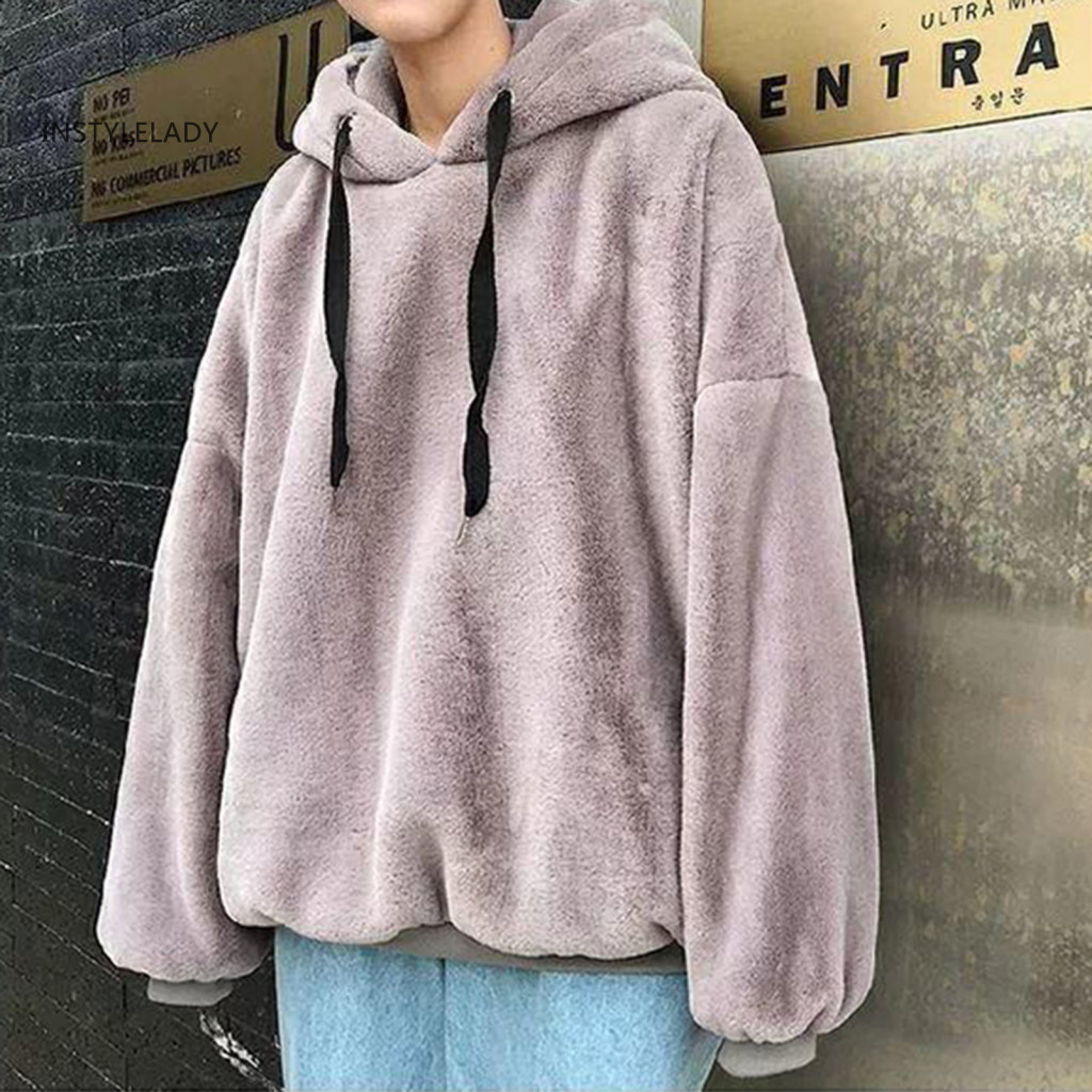 Punhos Elásticos De Manga Comprida Com instylelady Pullover Hoodie Quente Outono Inverno Cor Sólida Dupla Face De Pelúcia Unisexo Capuz