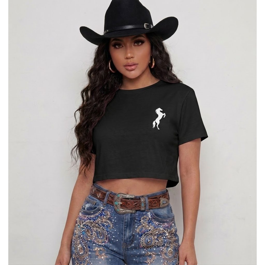 Cropped Feminino Minimalista Agro Country Cavalo Texas Rodeio Cowgirls 100% Algodão PREMIUM Tendência