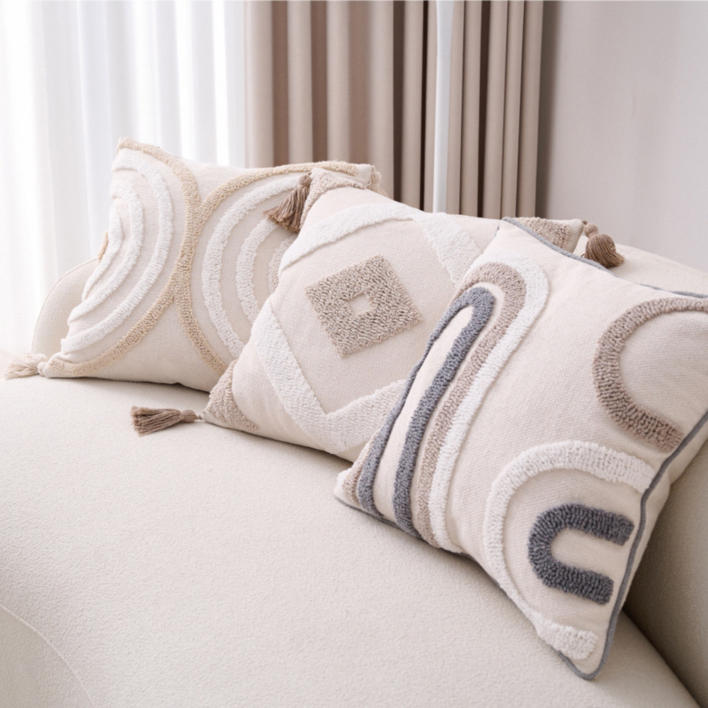 Unique Design Throw Pillow Room Decor Cushion Case Boho Pillowcase with Braided Rope Pattern Tassels Soft Cotton Linen C