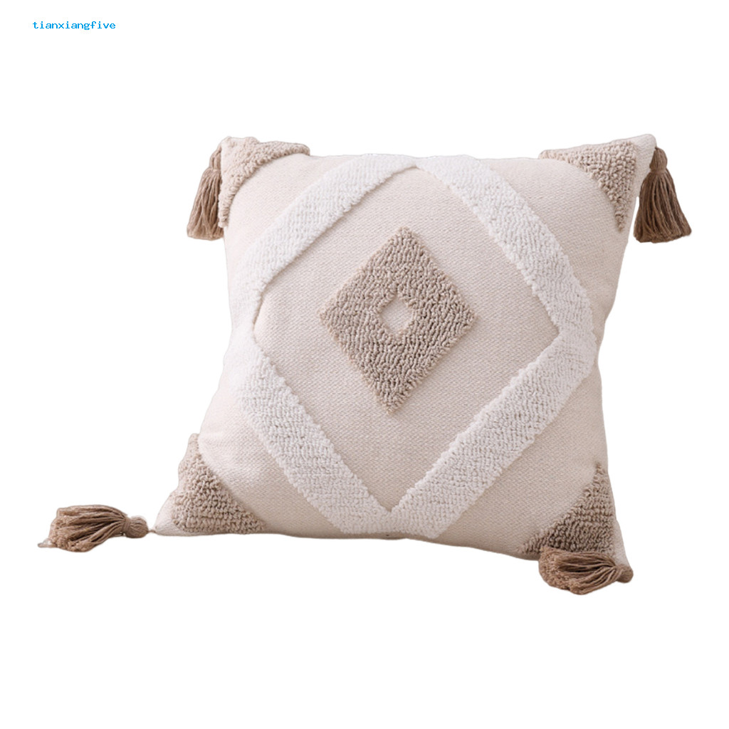 Room Decor Cushion Case Unique Design Throw Pillow Boho Pillowcase with Braided Rope Pattern Tassels Soft Cotton Linen C