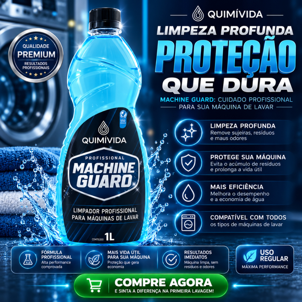 Limpador Máquina de Lavar 1L Machine Guard Quimivida Remove Mau Cheiro Lodo Resíduos Lava e Seca