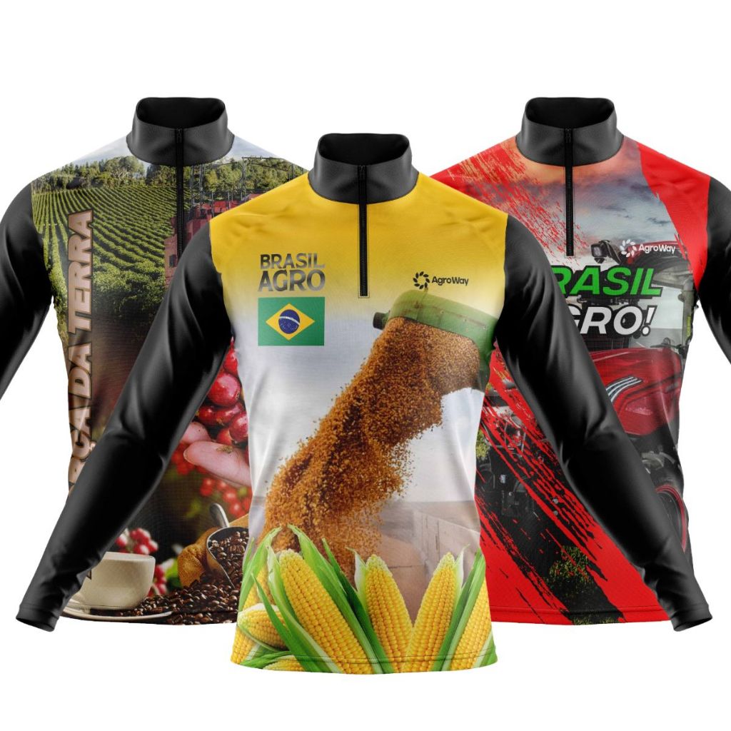 Kit 3 Camisa Camiseta Manga Longa Agro Zíper Proteção Uv Solar Trator Colheita Milharal Plantação Café Cana Açúcar Gado