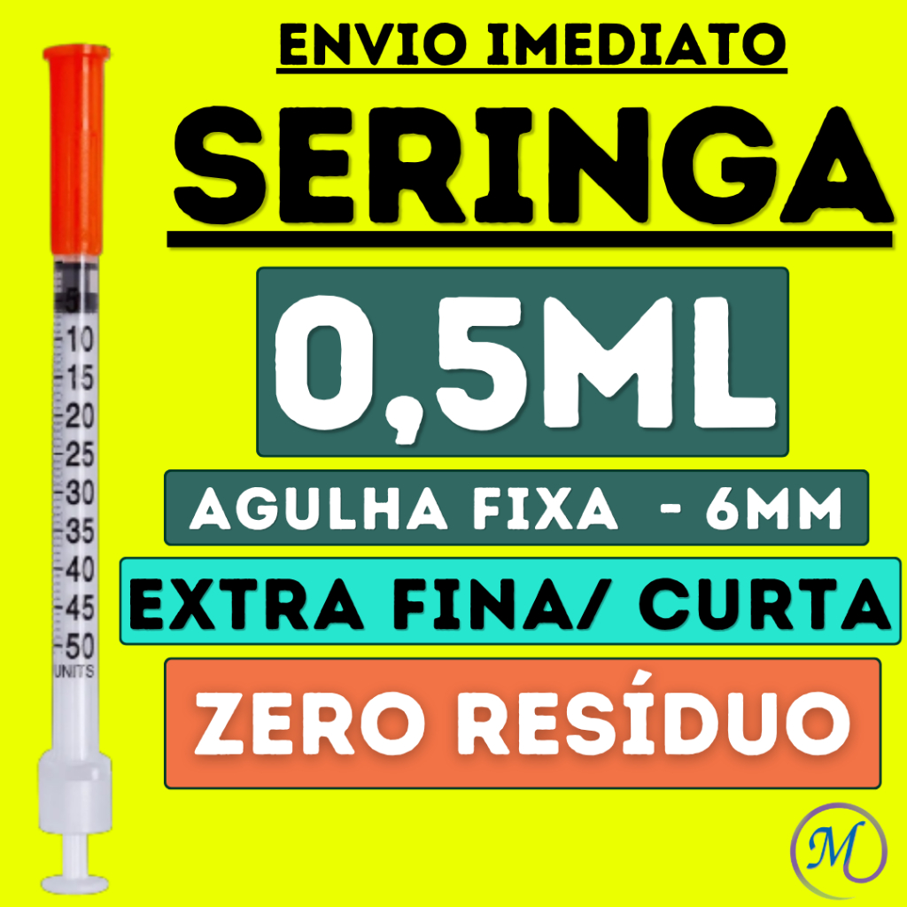 Seringa 0,5ml (50ui) c/ Agulha Fixa Fina 6mm X 0,25mm - Insulin, Botox, Hormônios - vp