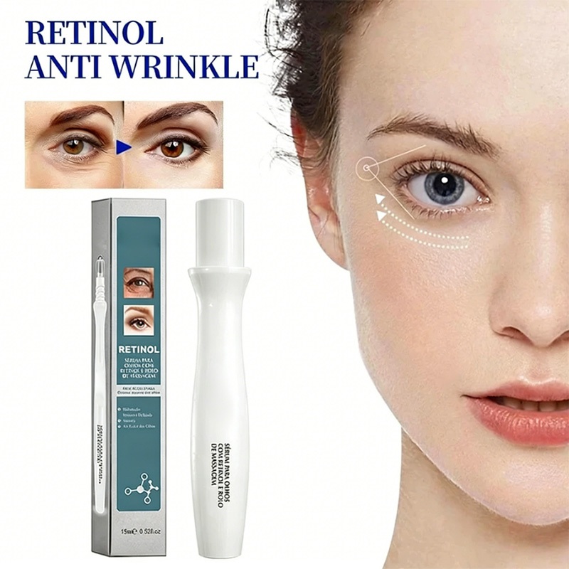 Sérum para Olhos com Retinol e Rolo de Massagem Anti-Idade Clareador Anti-Rugas Hidratação Olheiras 15ml