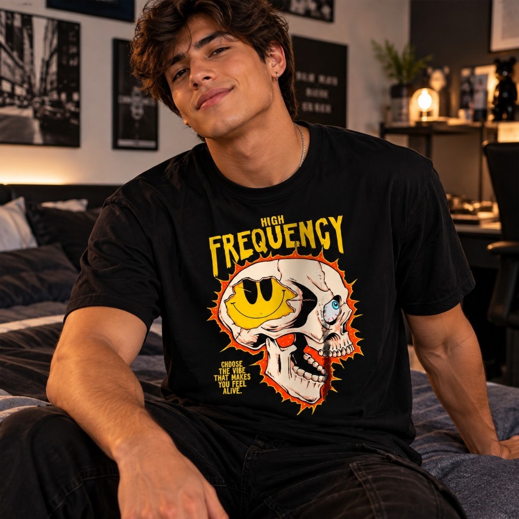 Camiseta masculina preta High Frequency com estampa crânio e sorriso manga curta casual