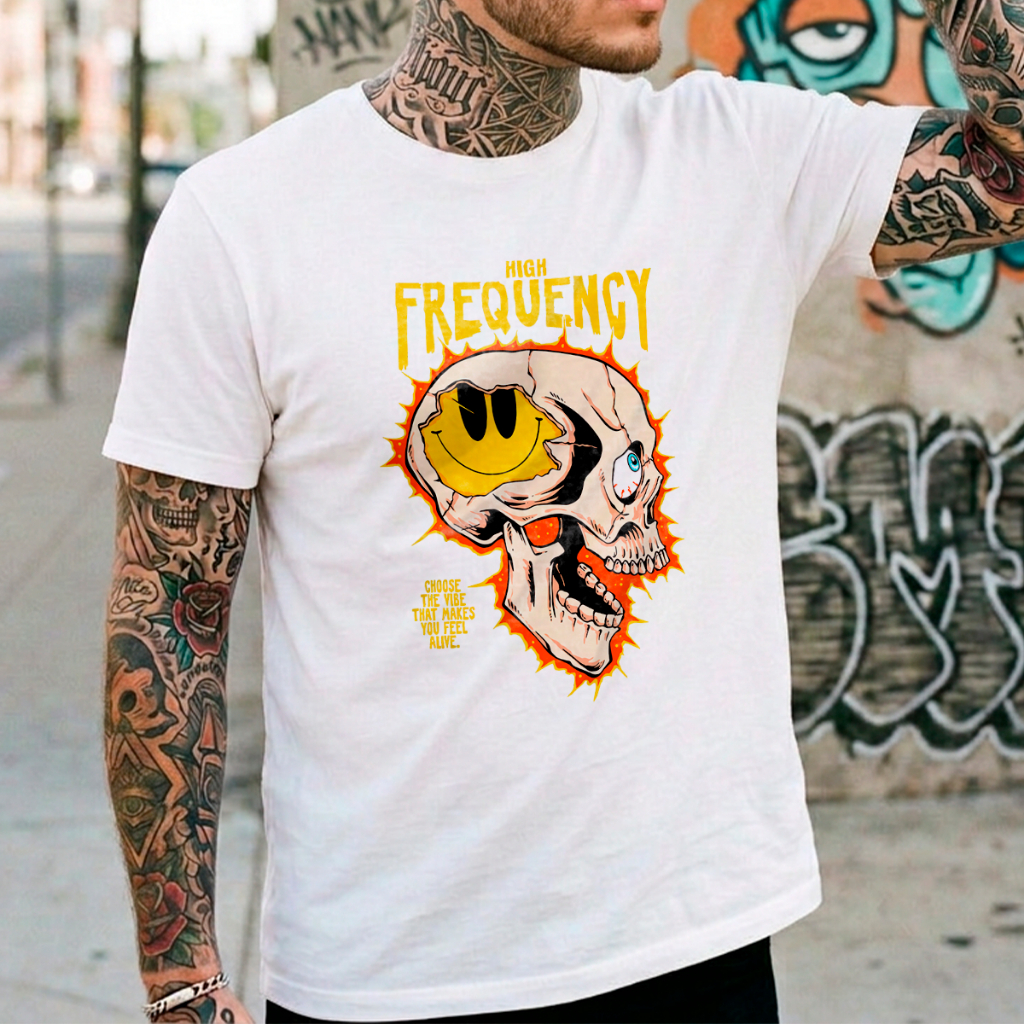 Camiseta Unissex Estampada High Frequency Caveira Smile Algodão Premium