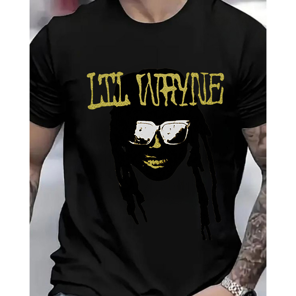 [Camiseta Premium em Algodão Puro]GXG Homem Short - sleeved Hip - Hop Lil Wayne Design, Preto, Streetwear, Casual, Moda