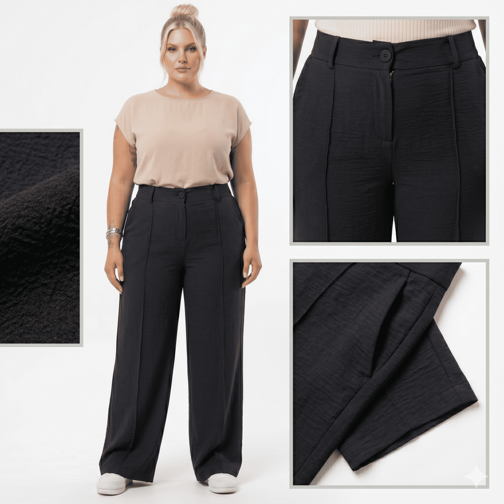 Calça Plus Size Feminina Pantalona Social Casual Soltinha Cintura Alta Tecido Duna Casual Wide Leg