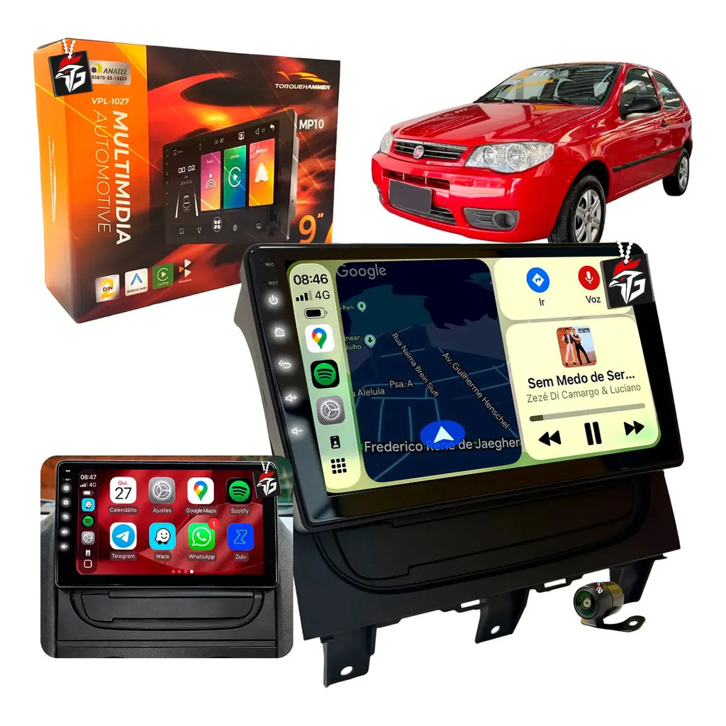 Central Multimídia Mp10 9 Polegadas Qled Carplay Android Auto Sem Fio Bluetooth Câmera De Ré Fiat Palio Way 2014 À 2018
