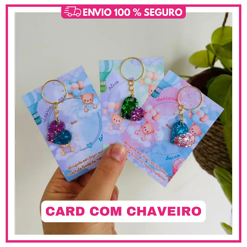 KIT CHÁ REVELAÇÃO COM CARDS + CHAVEIRO CORAÇÃO EM RESINA – LEMBRANCINHA CRIATIVA