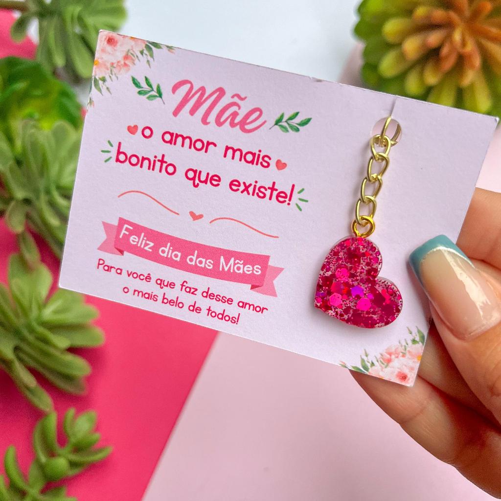 KIT DE CARDS + CORAÇÃO EM RESINA ROSA PINK - ESPECIAL DIA DAS MÃES / BRINDE E MIMOS CORPORATIVOS