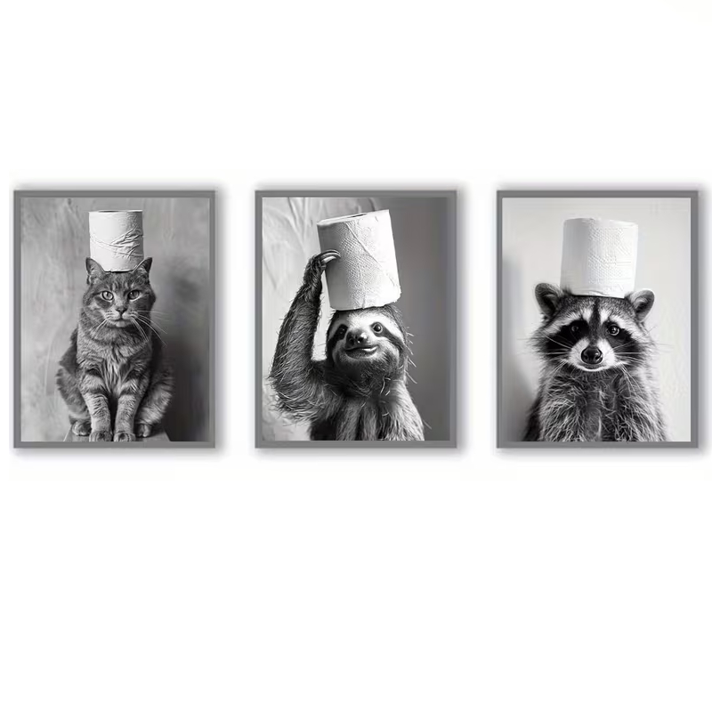 Kit 3 Quadros Animais Papel Higiênico Engraçado Bicho Preguiça Gato Guaxinim Banheiro Pets Oferta