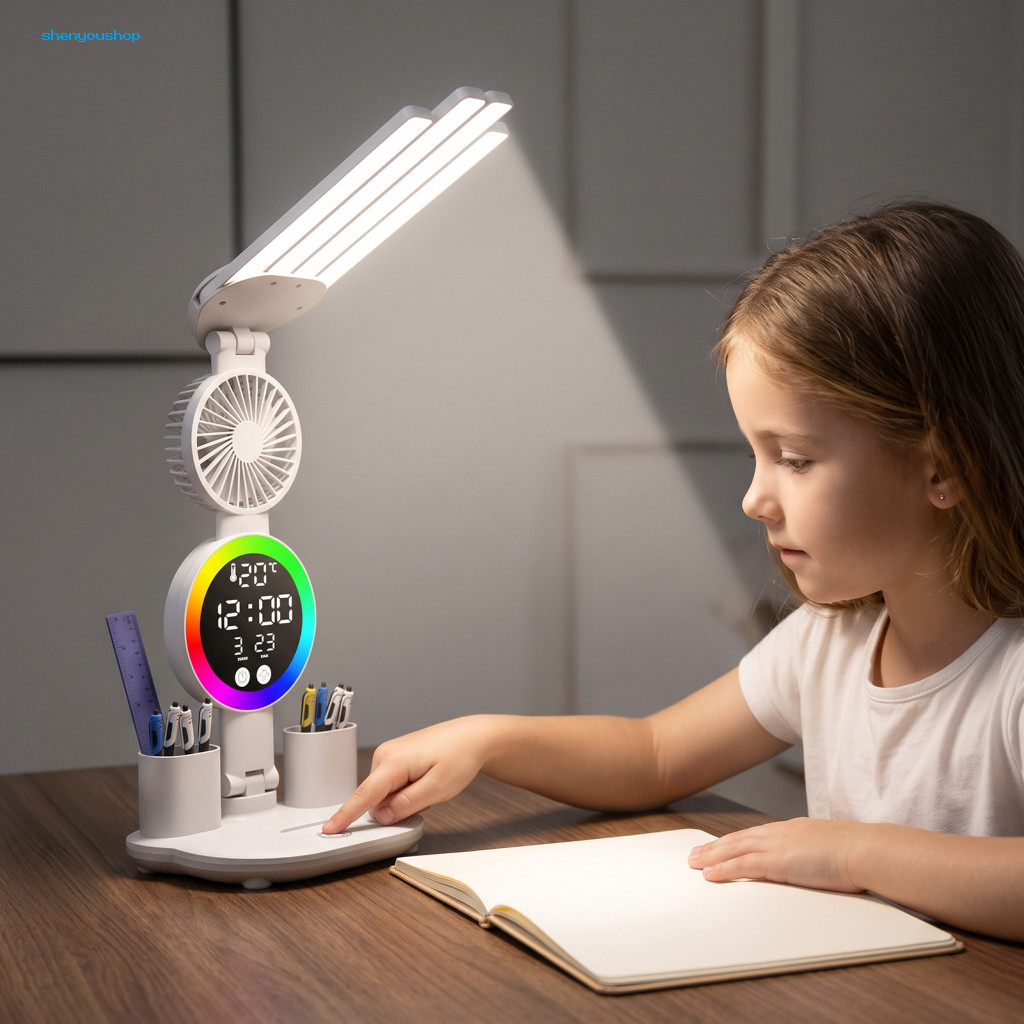 Led Desk Lamp for Study Eye Caring Reading Light with Pen Holder 6-in-1 Fan Clock Date Temperature Display 3 Color Modes