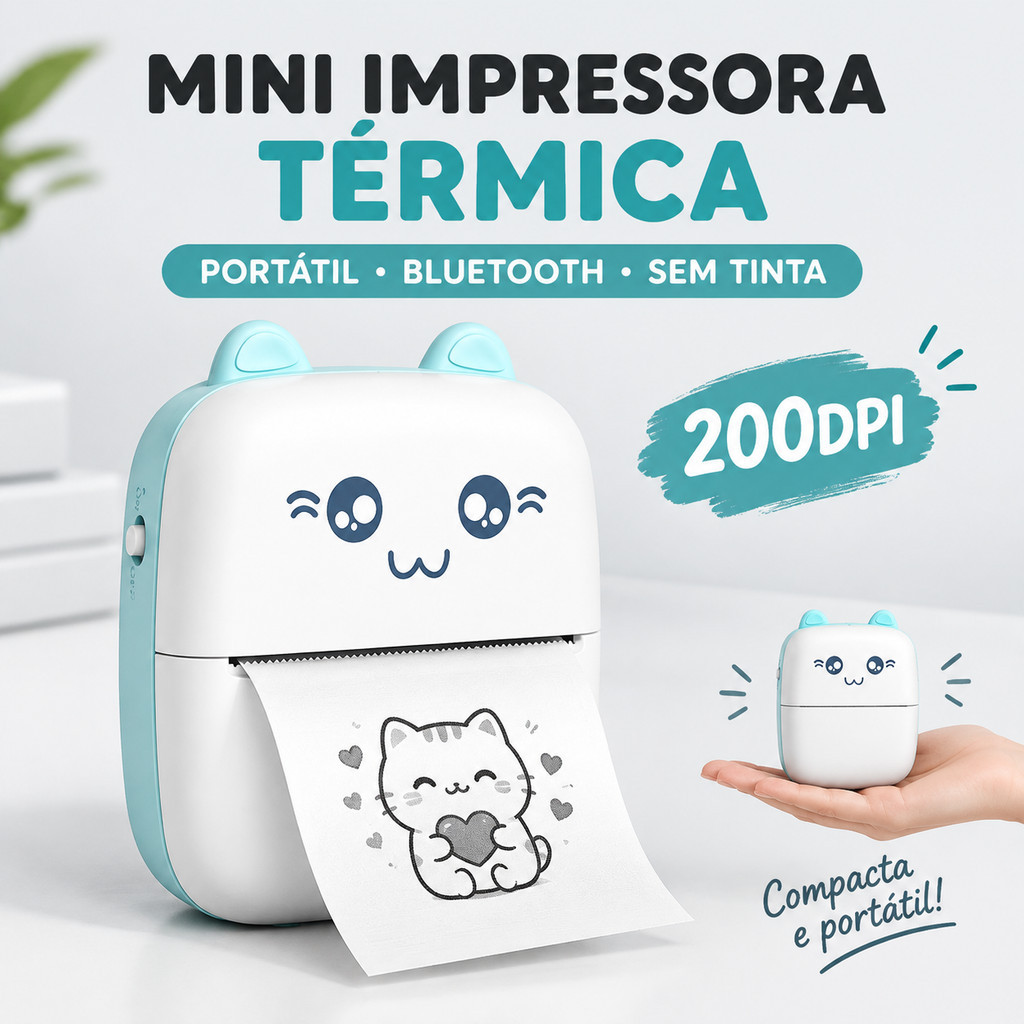 Impressora Térmica Pocket Bluetooth Sem Tinta 200DPI para Etiquetas, Fotos e Anotações Rápidas