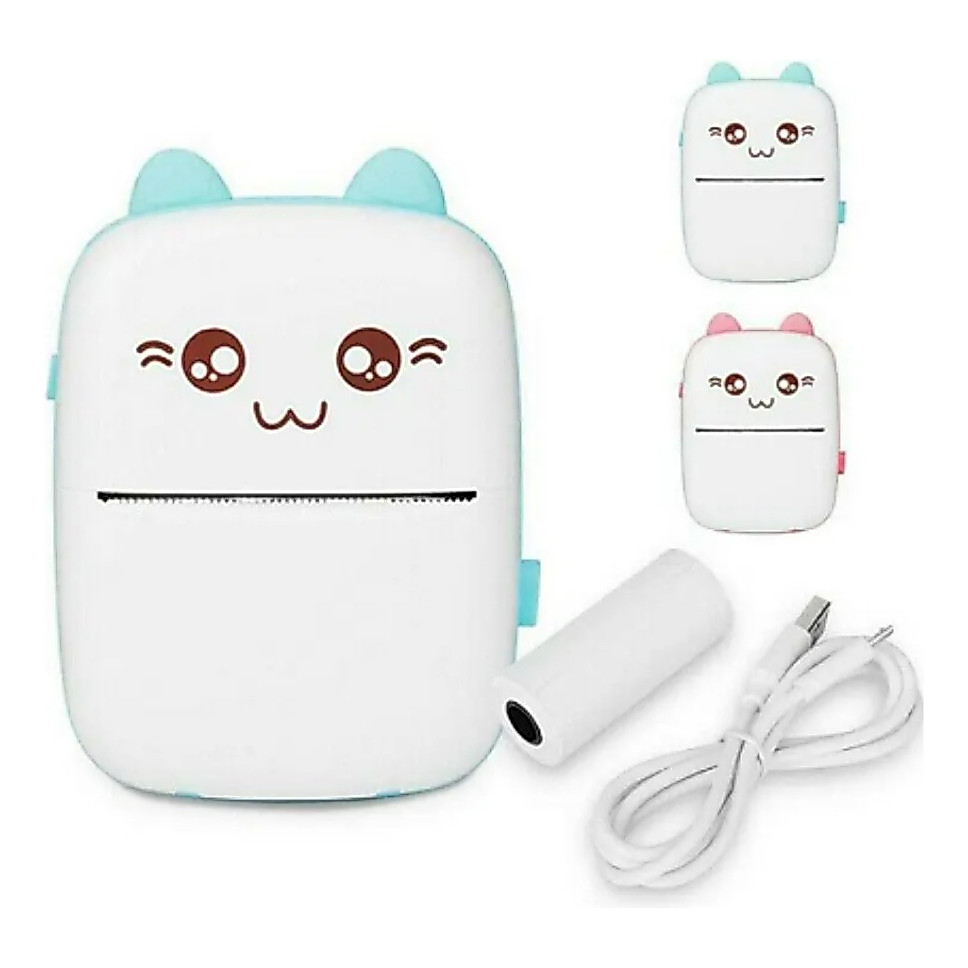Mini Impressora Termica Bolso Bluetooth Rosa Gato 57mm S Fio Cor Azul