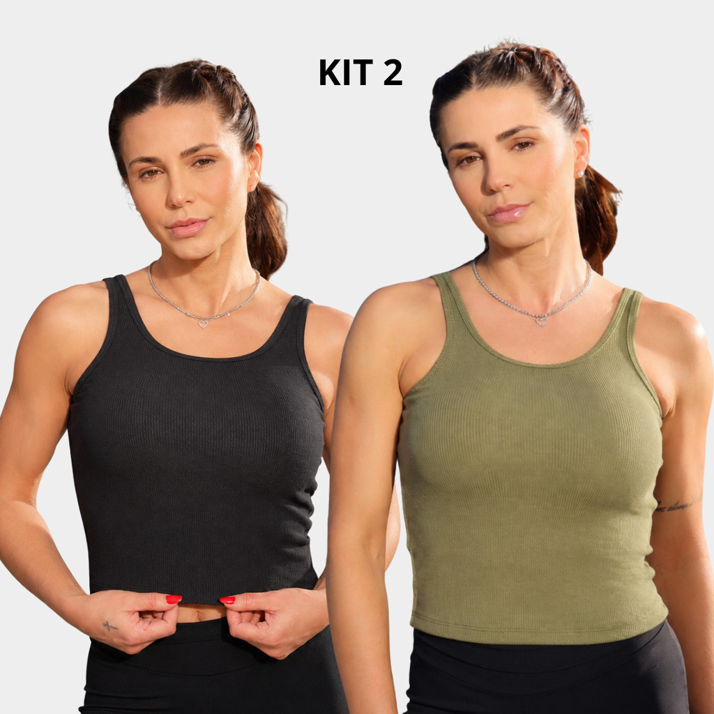 Kit 2 Regatas Feminina Canelada Algodão Premium Fit para Treino Yoga Academia Pilates Básica Casual — 2 Cores