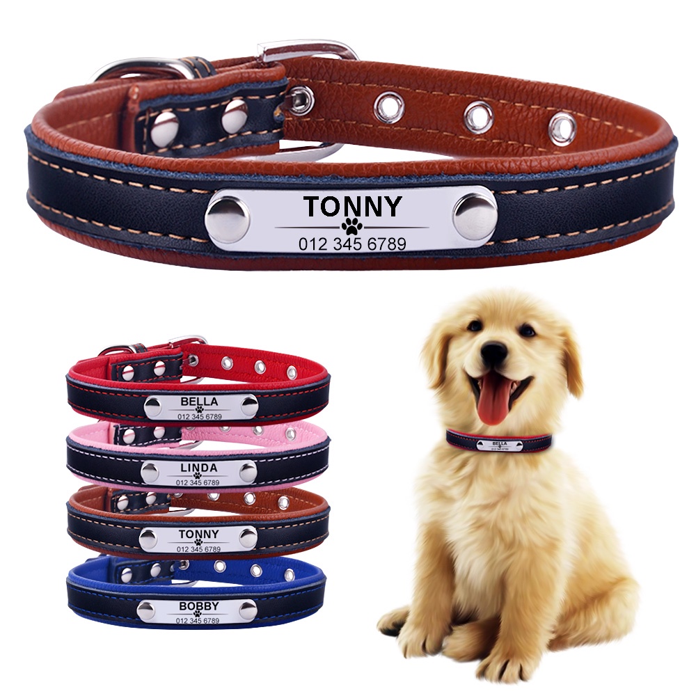(Normma) Colar De Couro Dog Collar Cat Reflexivo Personalizado Gravado ID Tag Para Filhote De Cachorro Cães De Grande