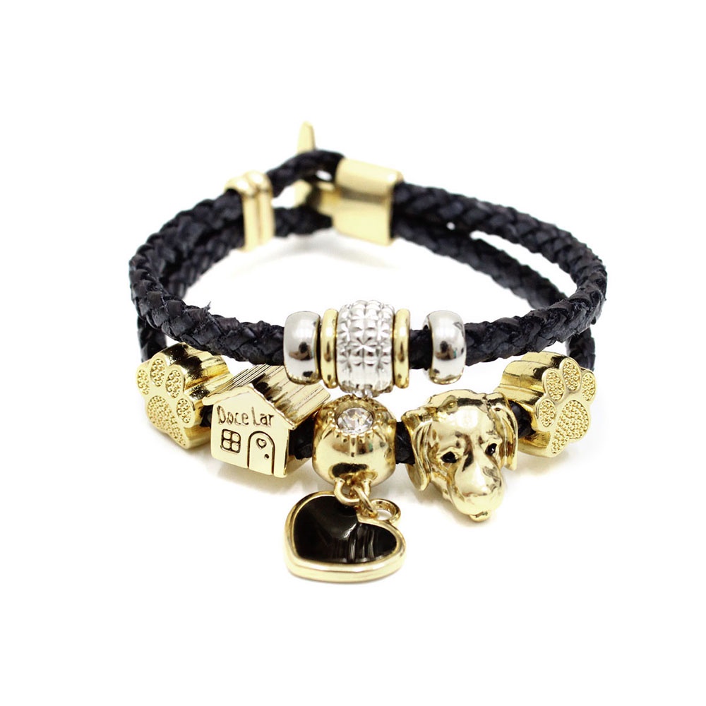 Pulseira 2 Tiras Couro Preta Feminina Berloques Pet Dog Gato
