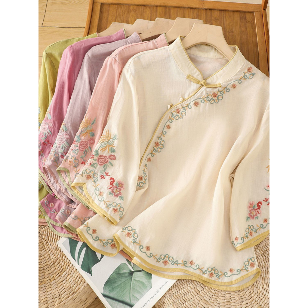Estilo chinês Retro bordado algodão linho camisa de manga curta feminina verão novo estilo Zen chá roupas Diagonal Cardi