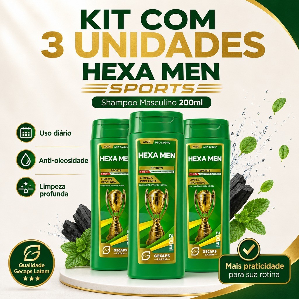 3x Shampoo Masculino Hexa Men Sports Limpeza Profunda 200ml