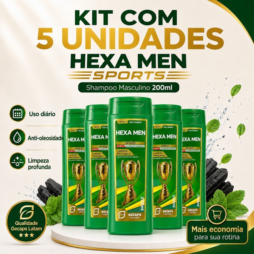 Combo 5x Shampoo Masculino Hexa Men Sports Limpeza Profunda 200ml