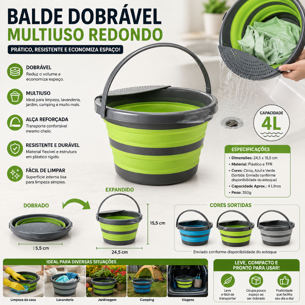 Balde Dobrável Portátil 4 Litros Multiuso Compacto Resistente Espaço Economia
