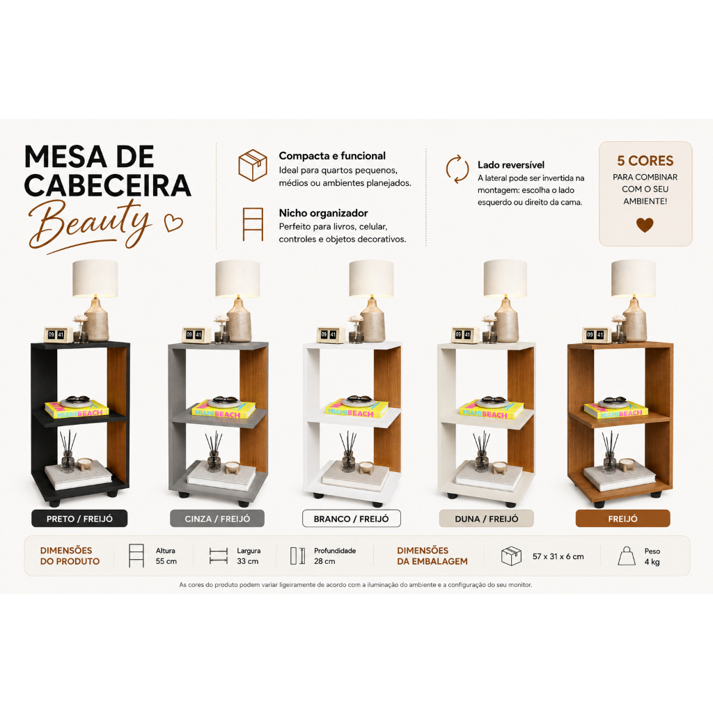 Mesa de Cabeceira Beauty Moderna com Nicho Organizador Elegante Compacta Premium
