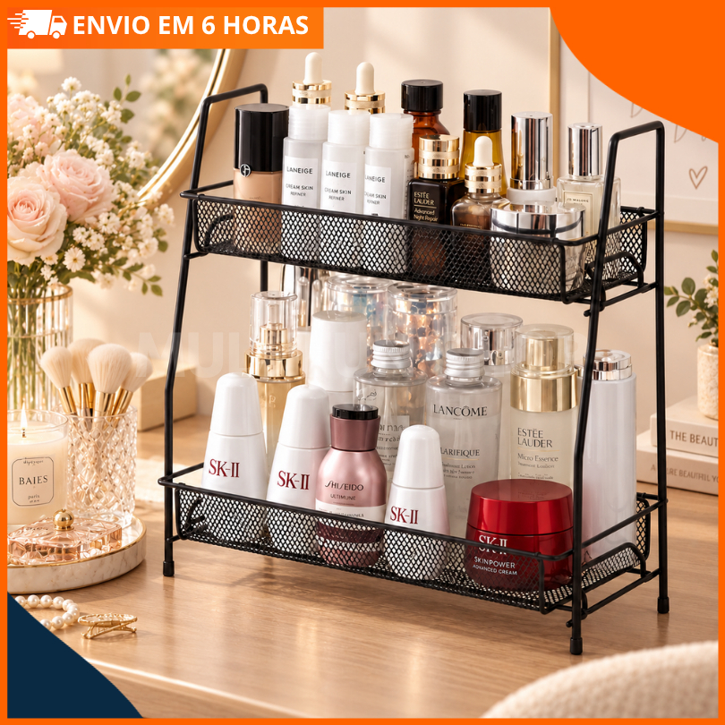 Organizador Cosmético 2 Andares Metal Preto para Maquiagem Skincare Perfumes Penteadeira Quarto Banheiro