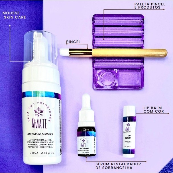 Kit Skin Care AMATE - Mousse de Limpeza Skin Care, Sérum de Crescimento Cílios e Sobrancelhas e  Lip Balm