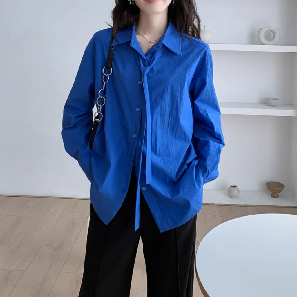 High-end blue ribbon long-sleeve women's shirt, new autumn style, casual plus-size shirt jacket top