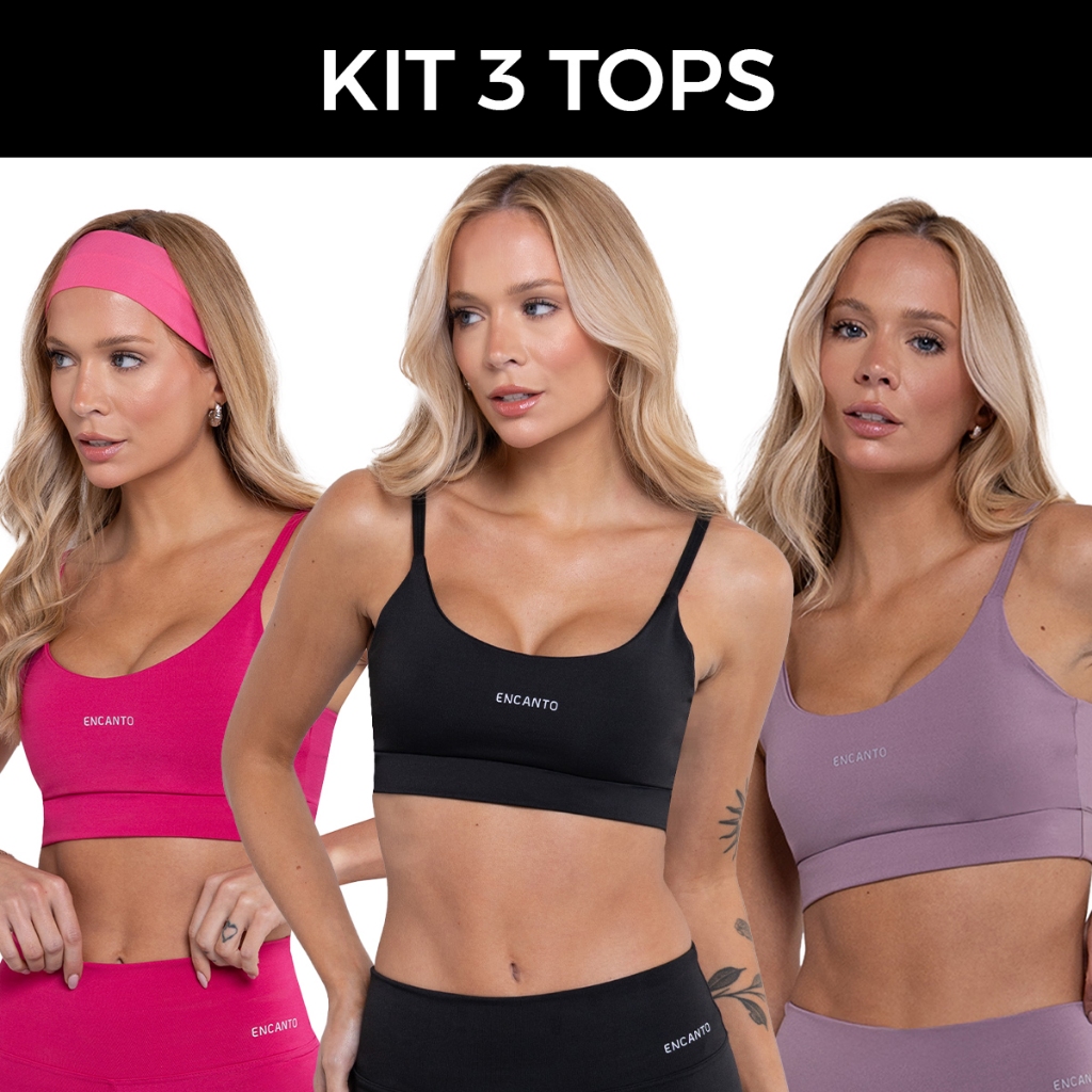 Kit 3 Tops Fitness Feminino Encanto-  Academia Treino Alta Sustentação - Modelagem Slim