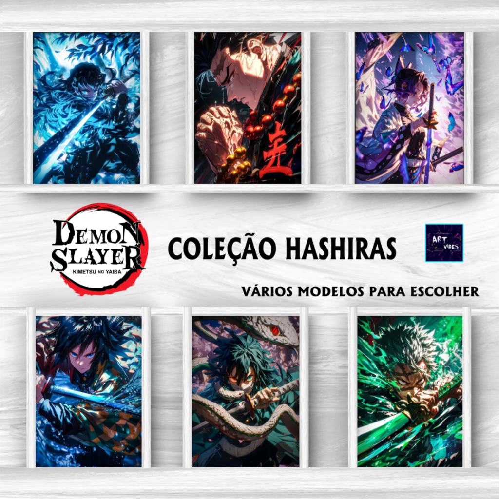 Kit Placas Decorativas Quadros Hashiras Demon Slayer Kimetsu no Yaiba Anime Geek Decoração