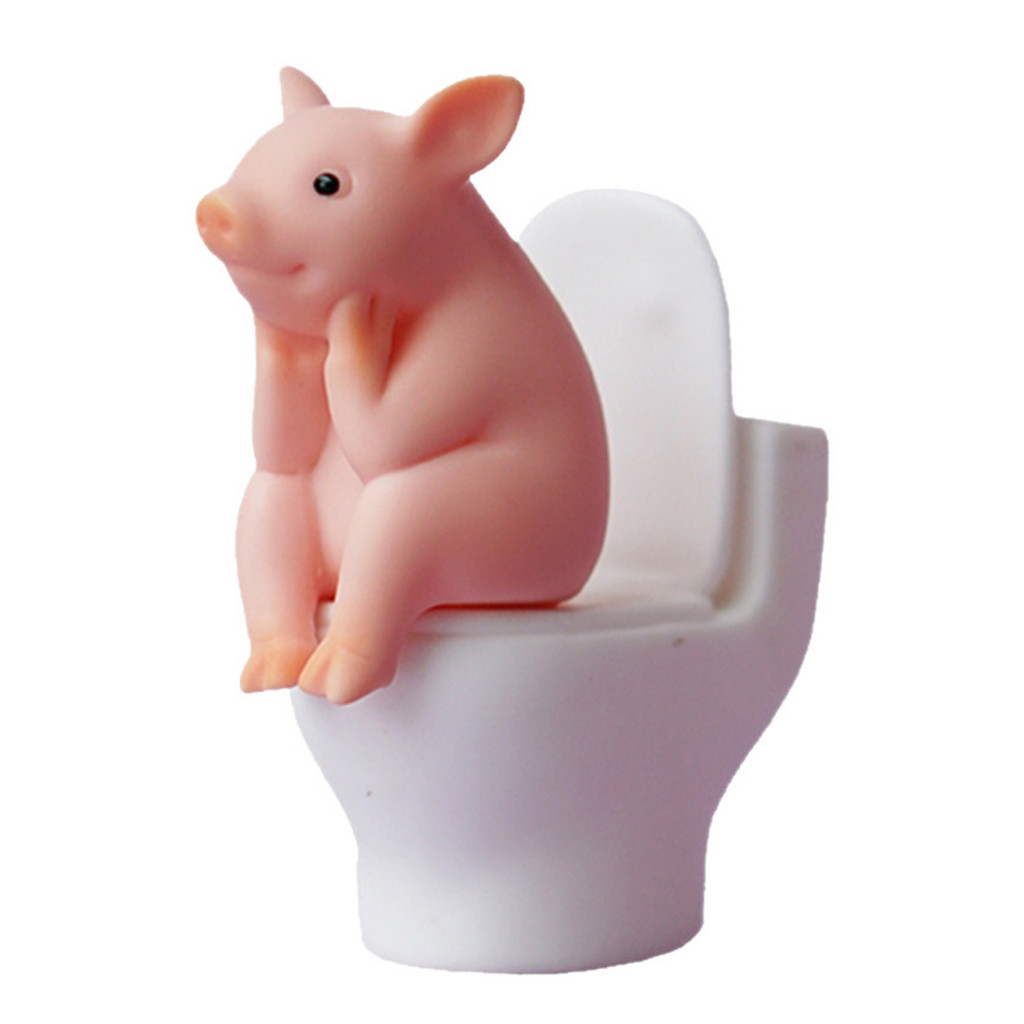 Cute Pig Decoration Fun Figurine Miniature Sitting on Toilet Statue – Piggy Toy Car Dashboard Ornament Kids Gift Home