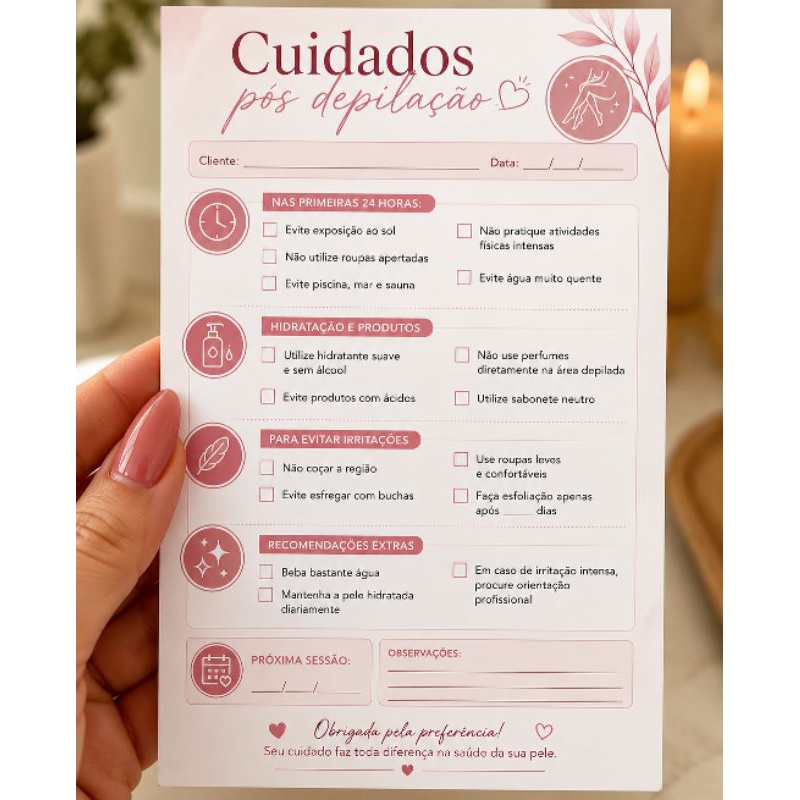 Bloco Cuidados Pós Depilação Feminino 10x14 cm | Pós Waxing Estética Depiladora Rosa