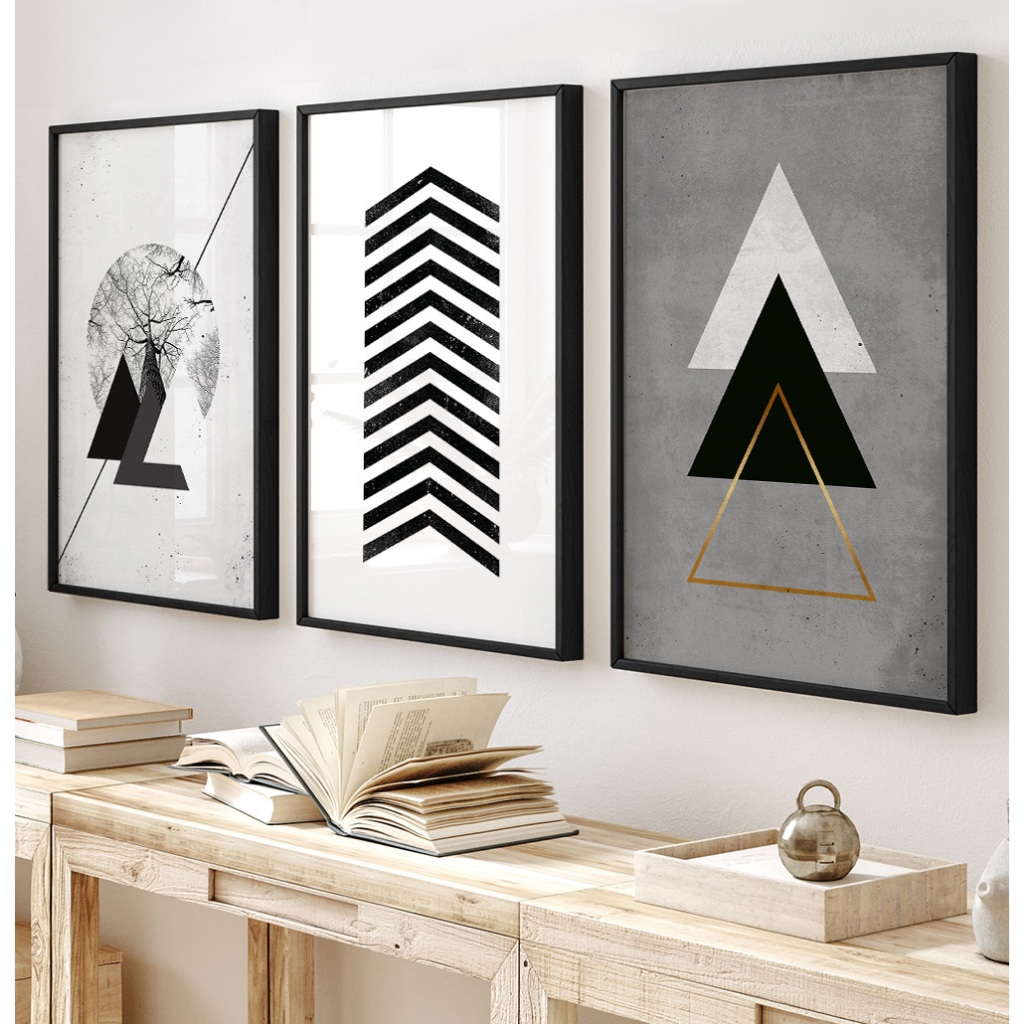 Quadro Abstrato Para Sala Quadros Decorativos com Moldura Quadro Quarto Casal Triângulo Árvore Trio