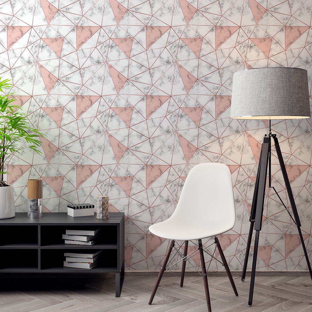 Papel de Parede Adesivo Zara Silver Rose Premium Mármore Triângulos Adesivo Lavável Premium